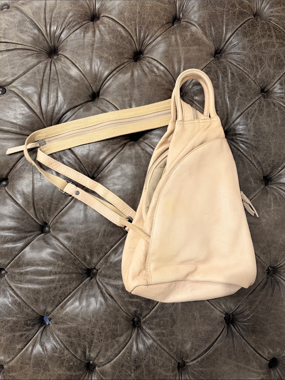 We The Free Pale Beige Leather Sling Backpack